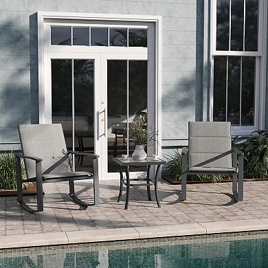 Emma and Oliver Braelin 3 Piece Outdoor Rocking Chair Patio Set with Flex Comfort Material and Metal Framed Glass Top Table