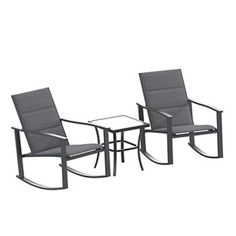 Emma and Oliver Braelin 3 pc Outdoor Rocking Chair Patio Set with Flex Comfort Material and Metal Framed Glass Top Table