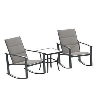 Emma and Oliver Braelin 3 pc Outdoor Rocking Chair Patio Set with Flex Comfort Material and Metal Framed Glass Top Table