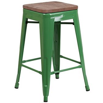 Merrick Lane Dalton Series Backless Metal Dining Stool with Wooden Seat for Indoor Use