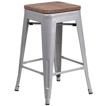 Merrick Lane Dalton Series Backless Metal Dining Stool with Wooden Seat for Indoor Use