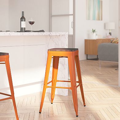 Merrick Lane Dalton Series Backless Metal Dining Stool with Wooden Seat for Indoor Use