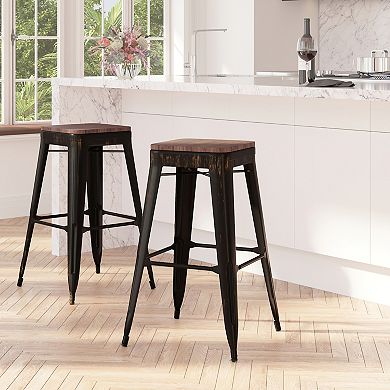 Merrick Lane Dalton Series Backless Metal Dining Stool with Wooden Seat for Indoor Use
