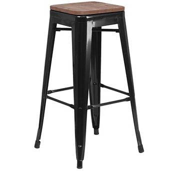 Merrick Lane Dalton Series Backless Metal Dining Stool with Wooden Seat for Indoor Use