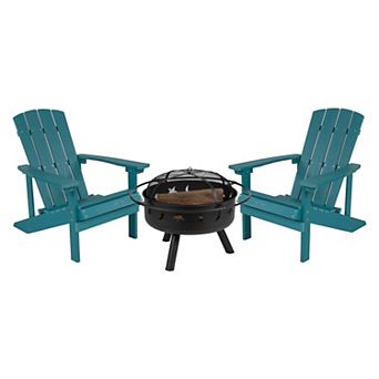 Merrick Lane Set of 2 Poly Resin Adirondack Chairs & Outdoor Star & Moon Firepit