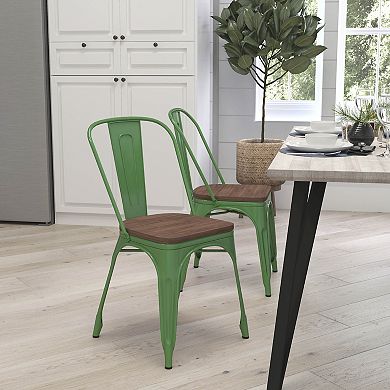 Merrick Lane Amsterdam Series Dining Chair - Blue Metal Frame - Textured Wooden Seat - Slatted, Curved Back