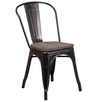 Merrick Lane Amsterdam Series Dining Chair - Blue Metal Frame - Textured Wooden Seat - Slatted, Curved Back