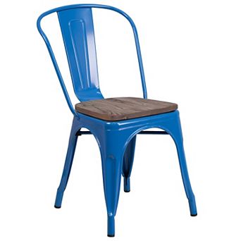 Merrick Lane Amsterdam Series Dining Chair - Blue Metal Frame - Textured Wooden Seat - Slatted, Curved Back