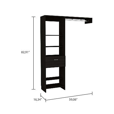 Hybrid Closet System, Five Open Shelves, One Drawer, Metal Rod