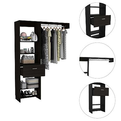 Hybrid Closet System, Five Open Shelves, One Drawer, Metal Rod