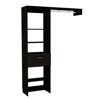 Hybrid Closet System, Five Open Shelves, One Drawer, Metal Rod