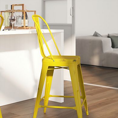 Merrick Lane Sabine Metal Indoor-Outdoor Counter Stool with Vertical Slat Back and Integrated Footrest