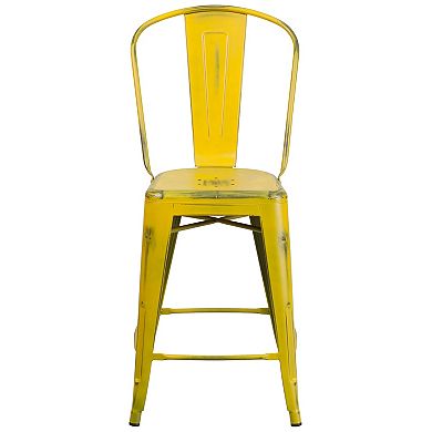 Merrick Lane Sabine Metal Indoor-Outdoor Counter Stool with Vertical Slat Back and Integrated Footrest