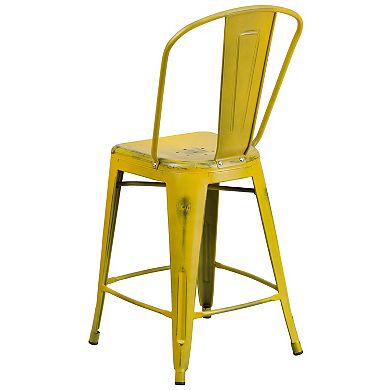 Merrick Lane Sabine Metal Indoor-Outdoor Counter Stool with Vertical Slat Back and Integrated Footrest