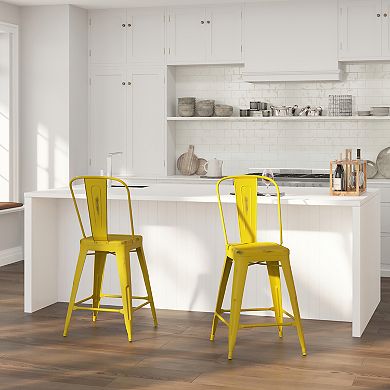 Merrick Lane Sabine Metal Indoor-Outdoor Counter Stool with Vertical Slat Back and Integrated Footrest