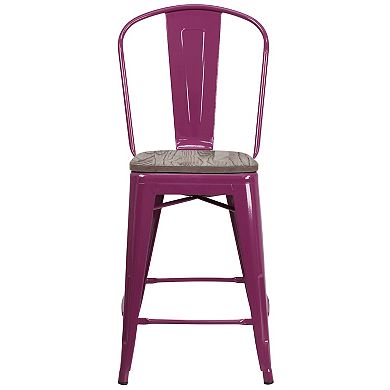 Merrick Lane Sarah 24" Metal Indoor-Outdoor Counter Stool with Vertical Slat Back, Integrated Footrest and Wood Seat