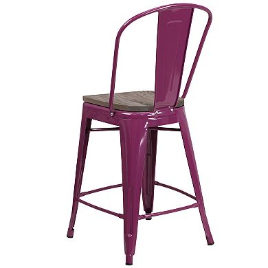 Merrick Lane Sarah 24" Metal Indoor-Outdoor Counter Stool with Vertical Slat Back, Integrated Footrest and Wood Seat