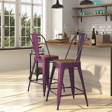 Merrick Lane Sarah 24" Metal Indoor-Outdoor Counter Stool with Vertical Slat Back, Integrated Footrest and Wood Seat