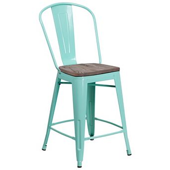 Merrick Lane Sarah 24" Metal Indoor-Outdoor Counter Stool with Vertical Slat Back, Integrated Footrest and Wood Seat
