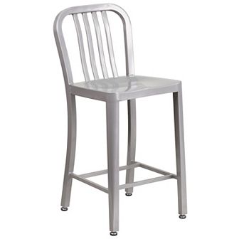 Merrick Lane Santorini Galvanized Steel Indoor/Outdoor Counter Bar Stool With Slatted Back And Powder Coated Finish