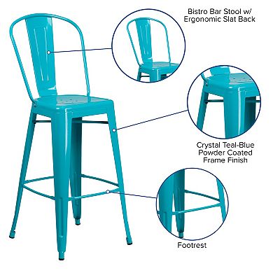 Merrick Lane Sabine Metal Indoor-Outdoor Barstool with Vertical Slat Back and Integrated Footrest