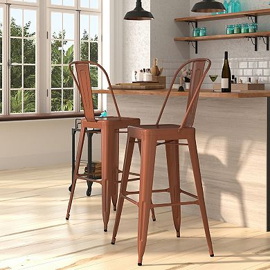 Merrick Lane Sabine Metal Indoor-Outdoor Barstool with Vertical Slat Back and Integrated Footrest