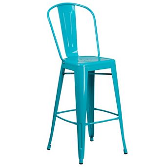 Merrick Lane Sabine Metal Indoor-Outdoor Barstool with Vertical Slat Back and Integrated Footrest