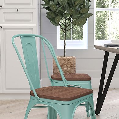 Merrick Lane Calumet Metal Stacking Chair with Curved, Slatted Back and Rustic Wood Seat