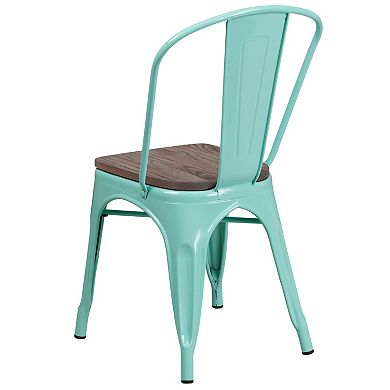 Merrick Lane Calumet Metal Stacking Chair with Curved, Slatted Back and Rustic Wood Seat