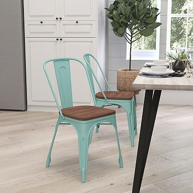 Merrick Lane Calumet Metal Stacking Chair with Curved, Slatted Back and Rustic Wood Seat