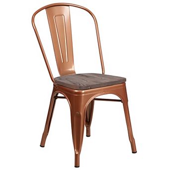 Merrick Lane Calumet Metal Stacking Chair with Curved, Slatted Back and Rustic Wood Seat