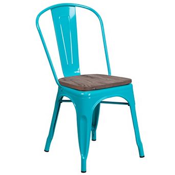 Merrick Lane Calumet Metal Stacking Chair with Curved, Slatted Back and Rustic Wood Seat