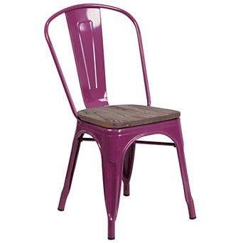 Merrick Lane Calumet Metal Stacking Chair with Curved, Slatted Back and Rustic Wood Seat