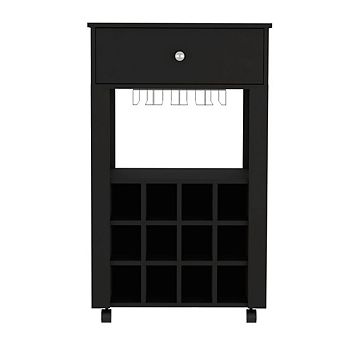 Ace Bar Cart, With Twelve Built-in Wine Rack, Casters, Drawer, Glass Rack-Black