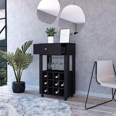 Ace Bar Cart, With Twelve Built-in Wine Rack, Casters, Drawer, Glass Rack-Black