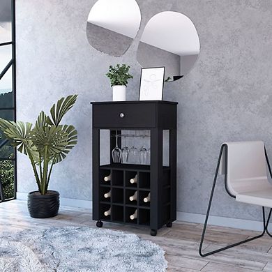 Ace Bar Cart, With Twelve Built-in Wine Rack, Casters, Drawer, Glass Rack-Black