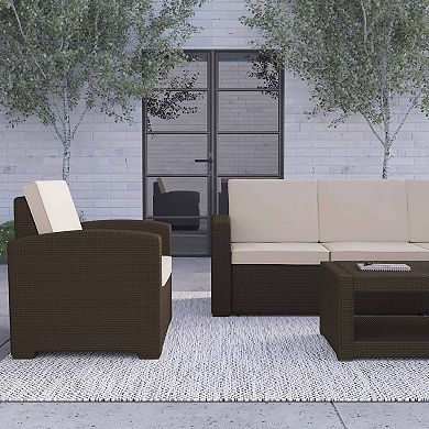 Merrick Lane Errol 4 Piece Faux Rattan Patio Furniture Set with 2 Chairs and Sofa with Removable Beige Cushions and Table