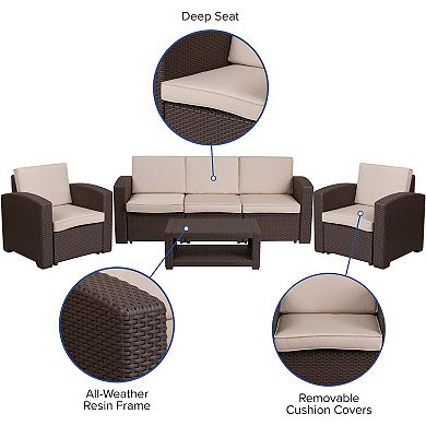 Merrick Lane Errol 4 Piece Faux Rattan Patio Furniture Set with 2 Chairs and Sofa with Removable Beige Cushions and Table