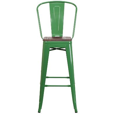 Merrick Lane Metal Dining Stool with Curved Slatted Back and Wooden Seat