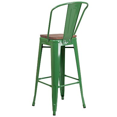 Merrick Lane Metal Dining Stool with Curved Slatted Back and Wooden Seat