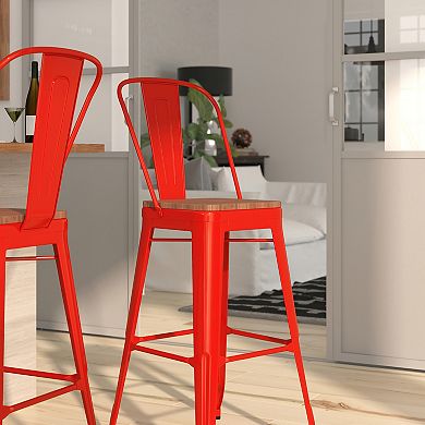 Merrick Lane Metal Dining Stool with Curved Slatted Back and Wooden Seat