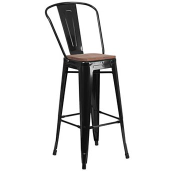 Merrick Lane Metal Dining Stool with Curved Slatted Back and Wooden Seat