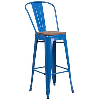 Merrick Lane Metal Dining Stool with Curved Slatted Back and Wooden Seat