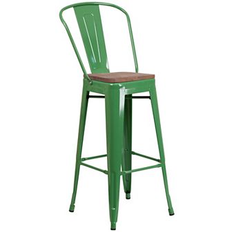 Merrick Lane Metal Dining Stool with Curved Slatted Back and Wooden Seat