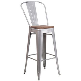 Merrick Lane Metal Dining Stool with Curved Slatted Back and Wooden Seat