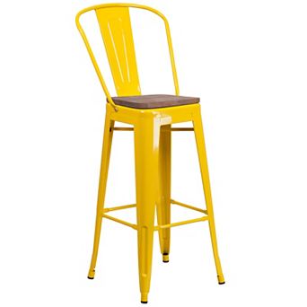 Merrick Lane Metal Dining Stool with Curved Slatted Back and Wooden Seat