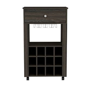 Ace Bar Cart, With Twelve Built-in Wine Rack, Casters, Drawer, Glass Rack-Espresso