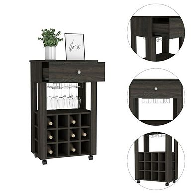 Ace Bar Cart, With Twelve Built-in Wine Rack, Casters, Drawer, Glass Rack-Espresso