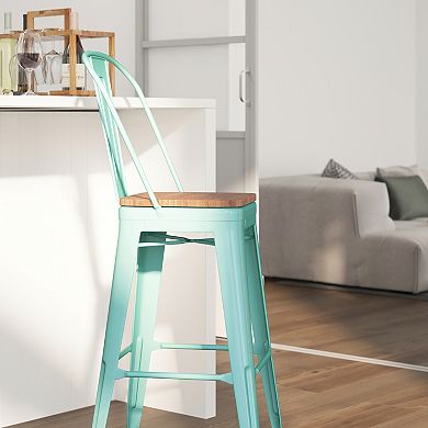 Merrick Lane Sarah 30" Metal Indoor-Outdoor Counter Stool with Vertical Slat Back, Integrated Footrest and Wood Seat