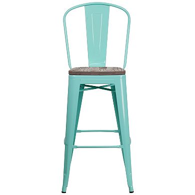 Merrick Lane Sarah 30" Metal Indoor-Outdoor Counter Stool with Vertical Slat Back, Integrated Footrest and Wood Seat
